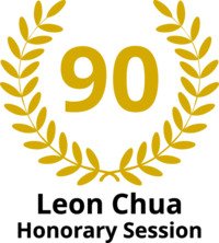 image with a wreath, informing about the honorary session by Leon Chua and his 90th birthday